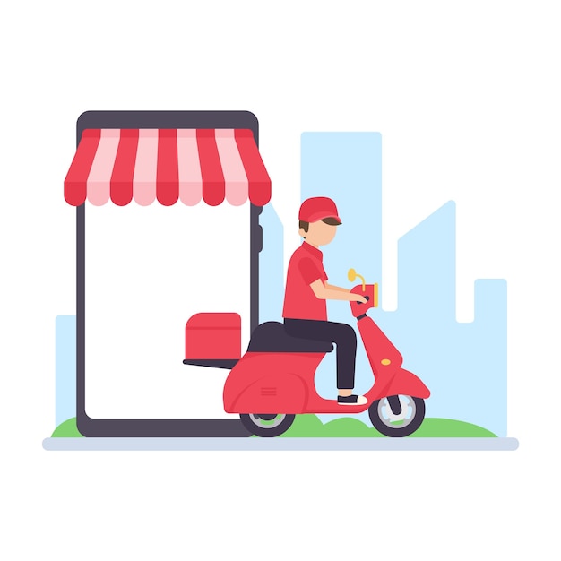 The delivery driver drives through a mobile phone with a map screen online food delivery concept