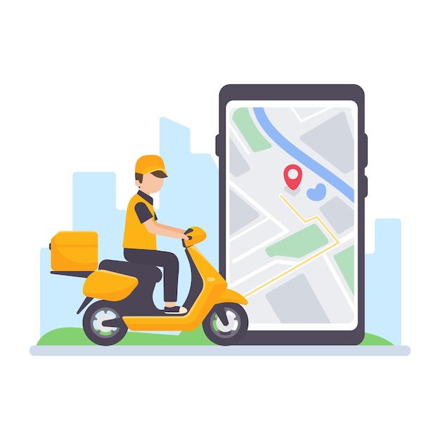 The delivery driver drives through a mobile phone with a map screen online food delivery concept