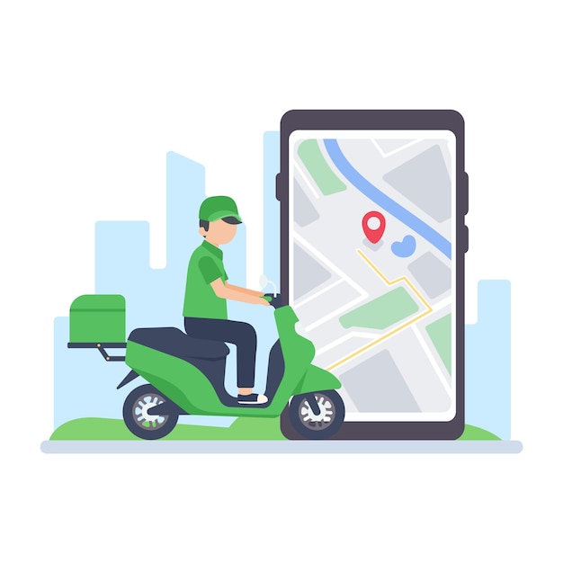 The delivery driver drives through a mobile phone with a map screen online food delivery concept