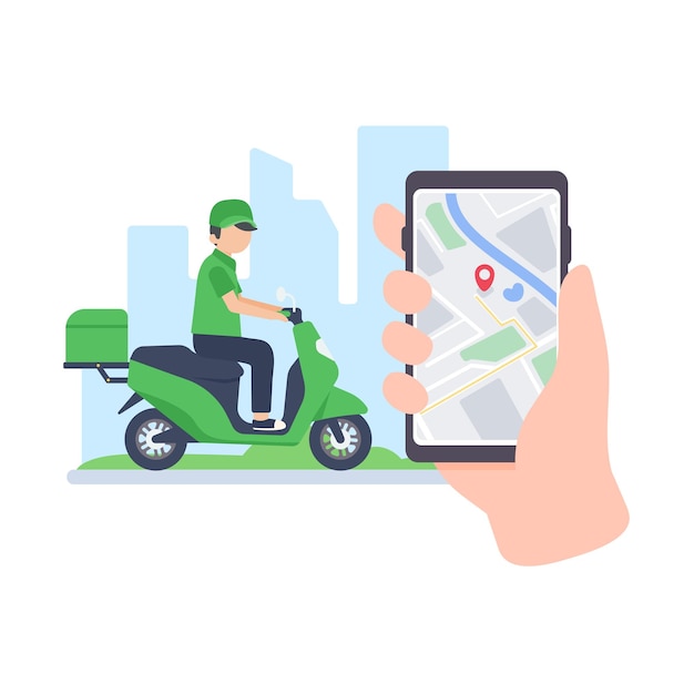 The delivery driver drives through a mobile phone with a map screen online food delivery concept