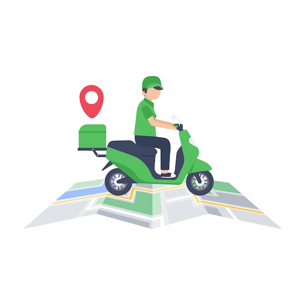 The delivery driver drives through a mobile phone with a map screen online food delivery concept