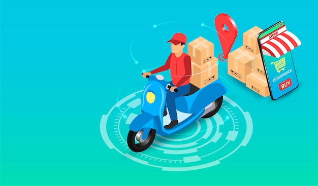 Delivery express by parcel delivery person with scooter by Ecommerce system on Smartphone. isometric flat design. illustration