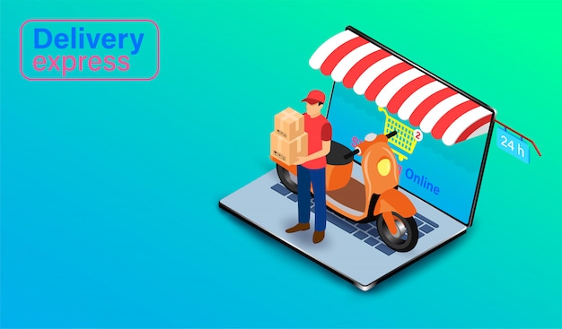 Delivery Express by Parcel Delivery Person with scooter on Computer Laptop. Online Food Order and Package in E-commerce by Website. isometric flat design.  