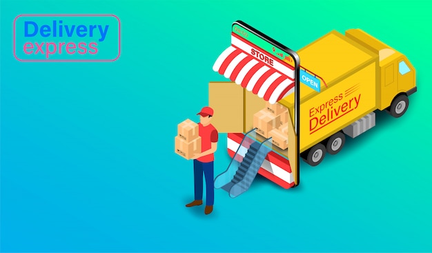 Delivery Express by Parcel Delivery Person with truck on mobile application. Online Food Order and Package in E-commerce by Website. isometric flat design.  