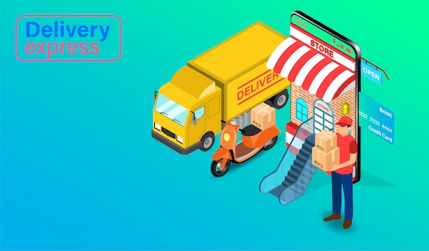 Delivery Express by Parcel Delivery Person with truck and scooter on mobile application. Online Food Order and Package in E-commerce by Website. isometric flat design.  