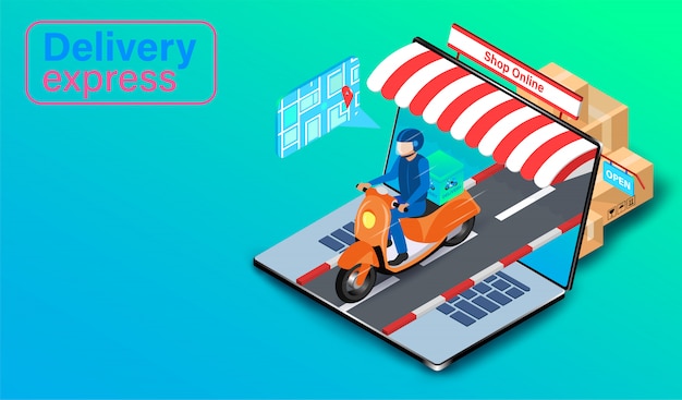 Delivery express by scooter on computer laptop with GPS. Online food order and package in E-commerce by website. isometric flat design.  