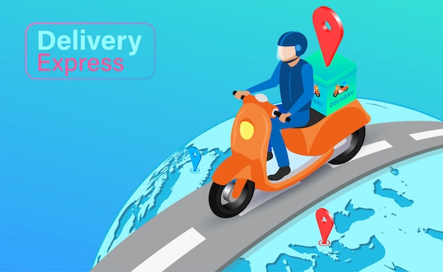 delivery express by scooter on global with system GPS. Online food order and package in E-commerce by application. isometric flat design.  