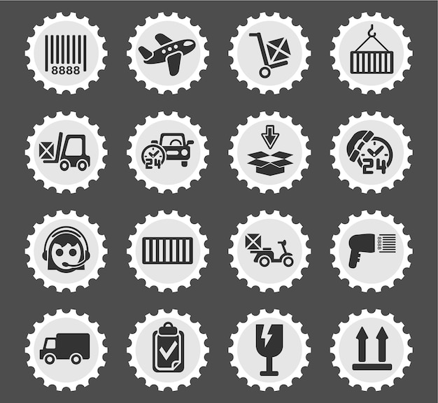 Delivery icons on stylized round postage stamps