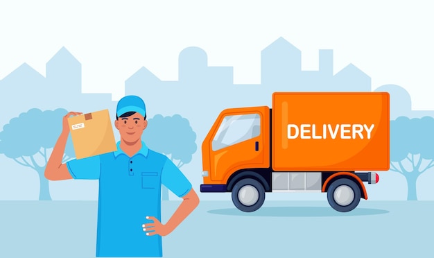 Delivery man, courier holding package with truck on background. Fast delivery by yellow van