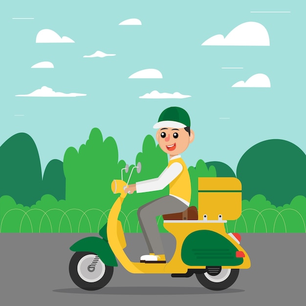 Vector delivery man courier shipping order with bag riding scooter concept illustration