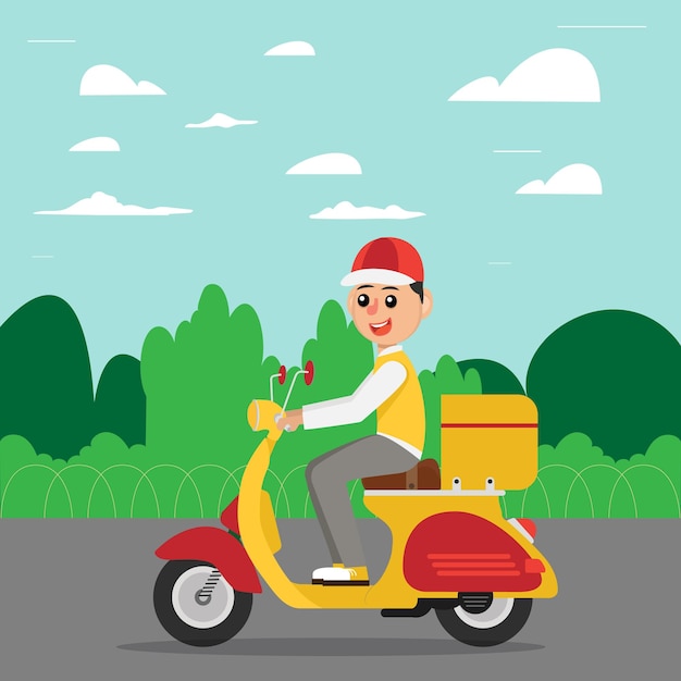 Delivery man courier shipping order with bag riding scooter concept illustration