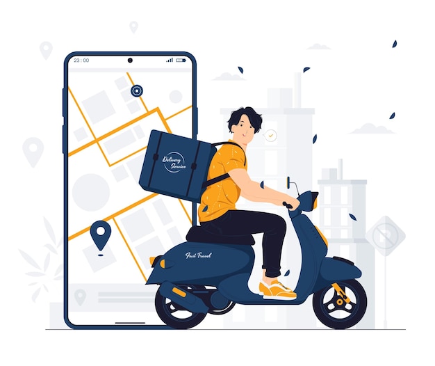 Delivery man courier shipping order with bag riding scooter concept illustration