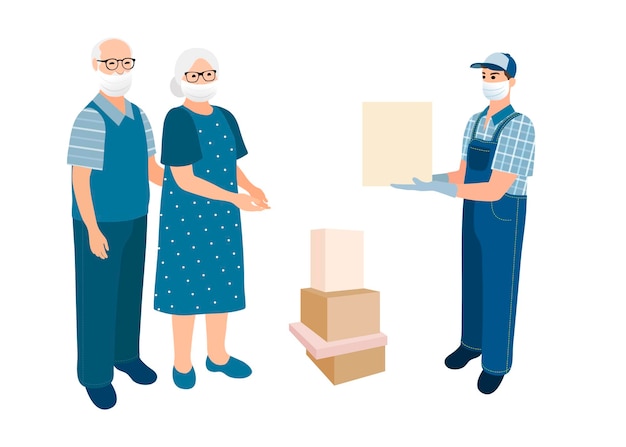 Delivery man deliver boxes to senior adults