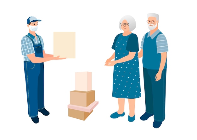 Delivery man deliver boxes to senior couple.