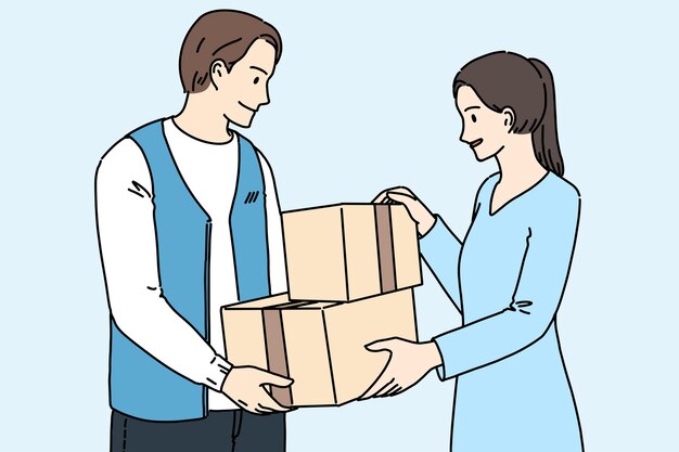 A delivery man delivering a box to a woman illustration