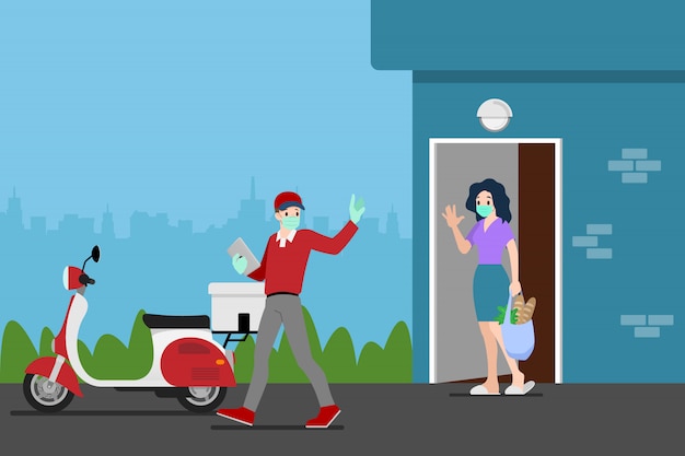 A delivery man delivering a product a woman.