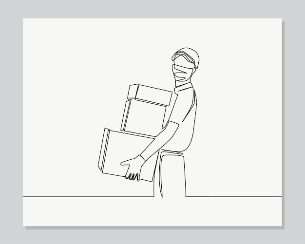 Delivery man holding tree parcel box continuous one line illustration