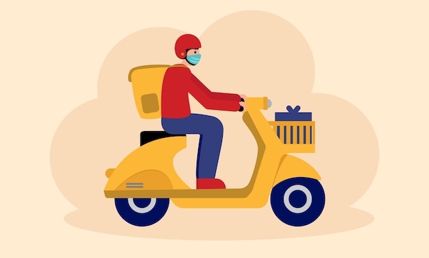 Delivery man in medical mask riding on scooter Food delivery man Vector illustration