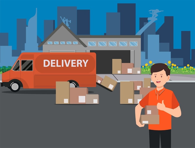 Delivery man package service with van