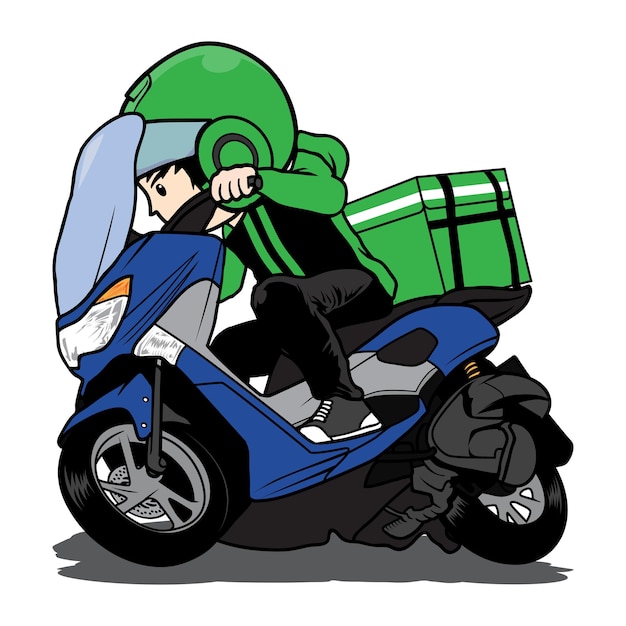 Delivery man ride motorcycle cartoon vector