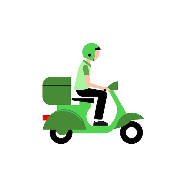 Delivery man riding a green scooter illustration. Food delivery man vector