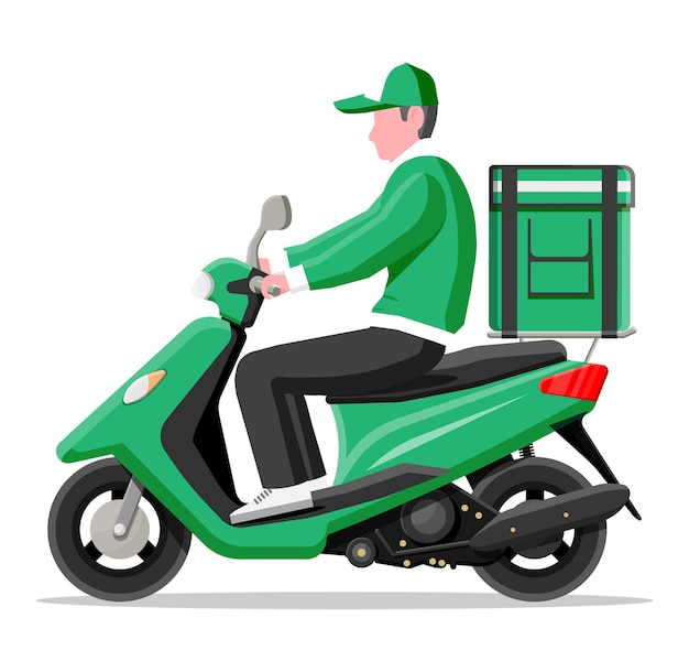 Delivery man riding motorbike scooter with the box. Concept of fast delivery in the city. Male courier with parcel box on his back with goods, food and products. Cartoon flat vector illustration