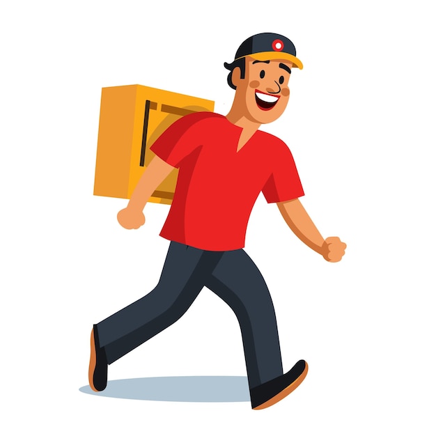 Delivery man smiling walking quickly delivering package Cartoon character uniform red shirt