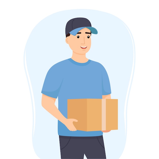 Delivery man in uniform holding box Delivery service Vector illustration