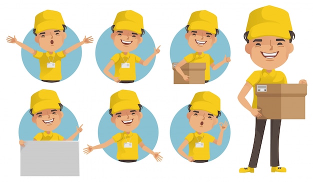 Delivery man vector set. Deliveryman uniform holding box or product. Posture of full standing and holding or pointing.