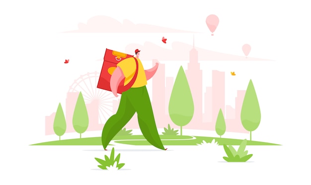 Delivery man walking in park. Flat   illustration