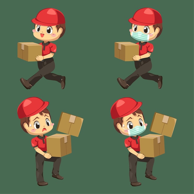 Delivery man wearing uniform and cap with parcel box and envelope in cartoon character, isolated flat illustration