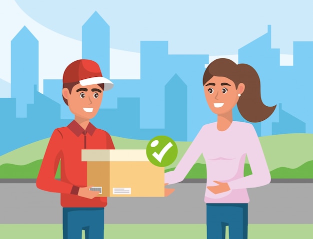 delivery man with box distribution service to a woman