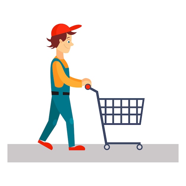 Delivery Man with Empty Cart, Flat Vector Illustration