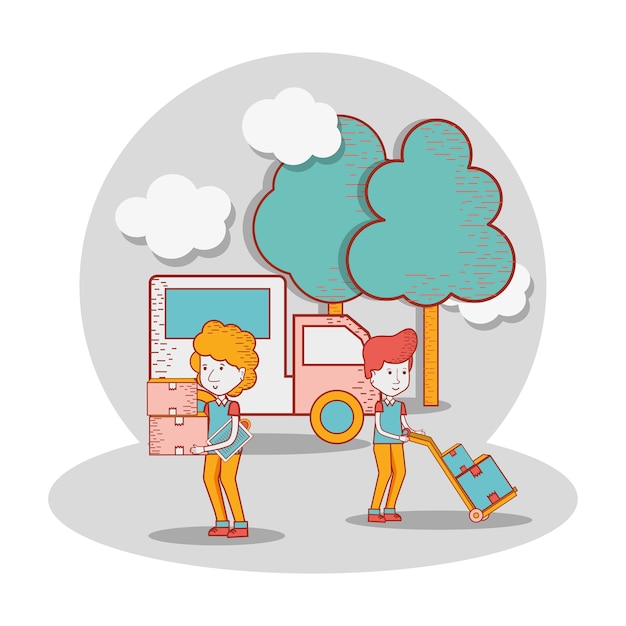 Delivery men with truck and packages in the transportation tool