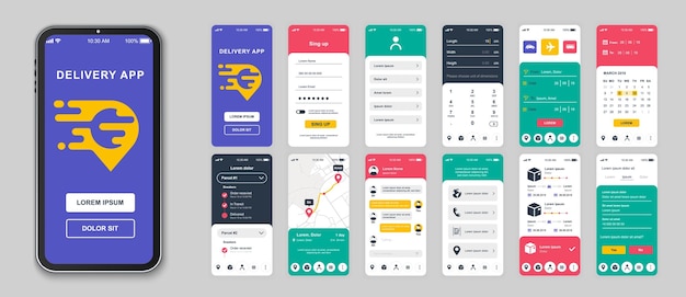 Delivery mobile app screens set for web templates Pack of login ordering package choose transportation tracking parcel and other mockups UI UX GUI user interface kit for layouts Vector design