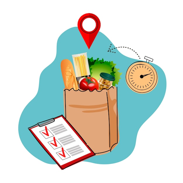 Vector delivery service. bag of food. shopping list. vector illustration