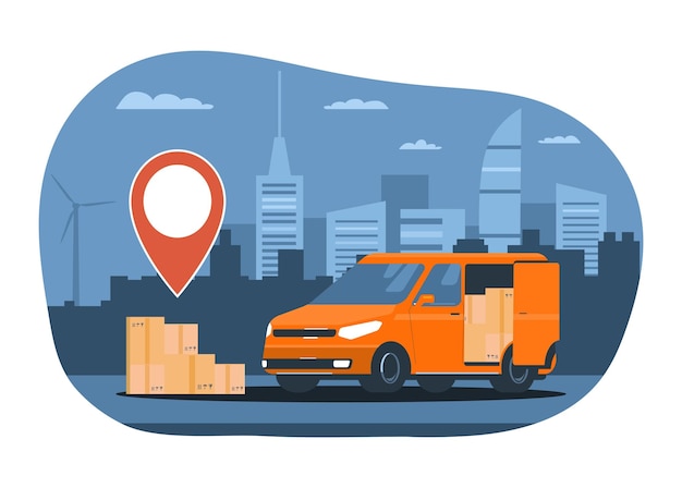 Delivery service concept Cargo van boxes and navigation dot on cityscape background