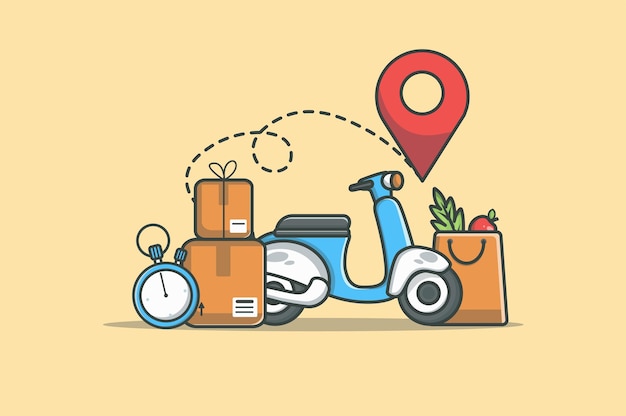 Delivery service concept in flat line design courier shipping color outline scene objects compositio