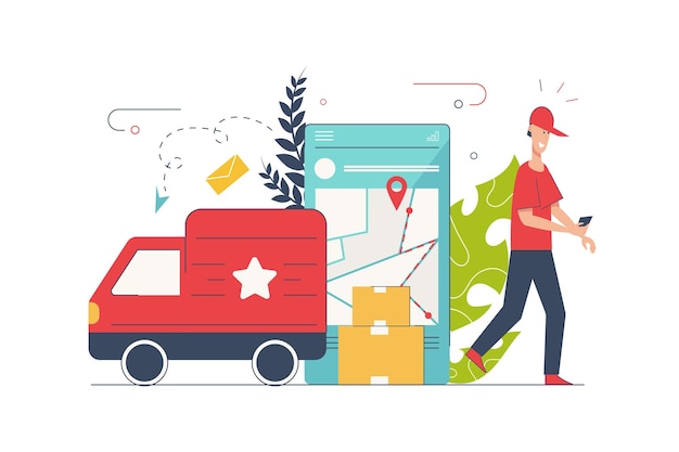 Vector delivery service concept with people scene in flat cartoon design courier delivering parcels truck logistics and online ordering shipping in app vector illustration with character situation for web