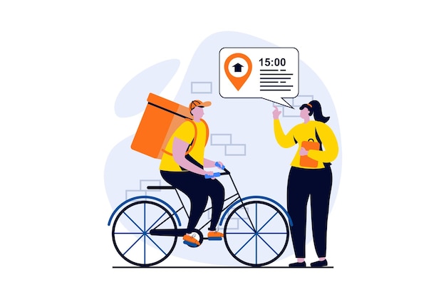 Delivery service concept with people scene in flat cartoon design Woman orders delivery at right time and waiting to receive box from courier at bicycle Vector illustration visual story for web