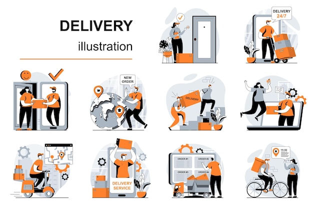 Delivery service concept with people scenes set in flat design Vector illustration visual stories