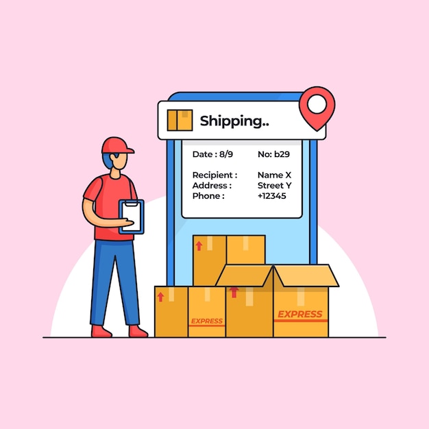 delivery service employee checking lots of package orders with tracking mobile app illustration