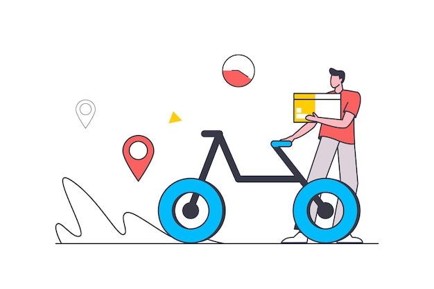 Delivery service flat line concept Man works as courier and delivers parcels with orders