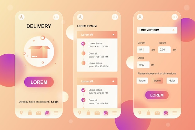 Delivery service glassmorphic design neumorphic elements kit for mobile app UI UX GUI screens set