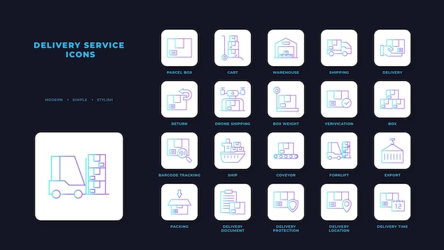 Delivery service icon set with blue gradient outline style Shipping sign symbol Related to order tracking delivery home warehouse truck courier and cargo icons Vector illustration