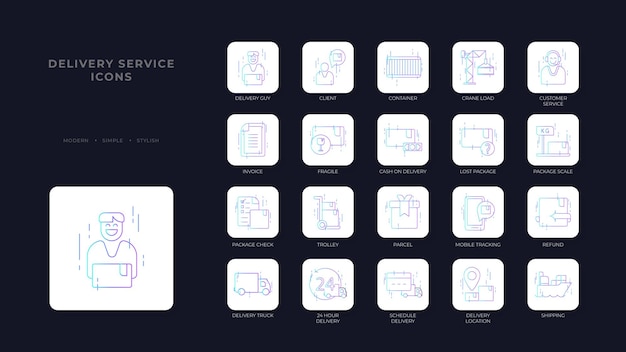 Delivery service icons set with purple blue outline style Shipping logistics symbol sign Simple vector illustration Related to package fee fast courier