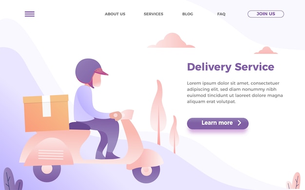 Delivery service landing page template with man riding a motorcycle