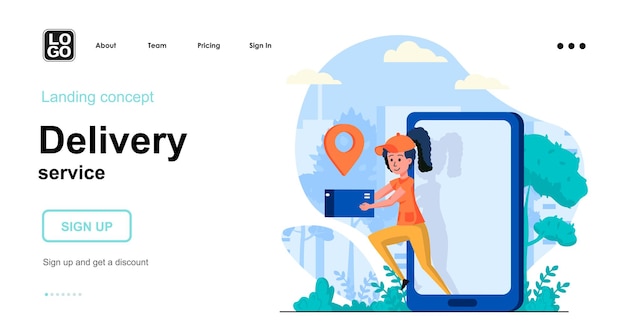 Delivery service landing page template with people character