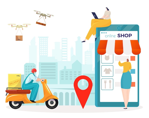 Delivery service order in online shop vector illustration flat tiny woman character use smartphone laptop for shopping shipping box by drone