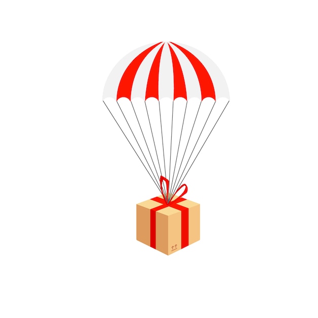 Delivery service. Parachute parcel delivery composition. Parachute with parcel, gift in the sky.